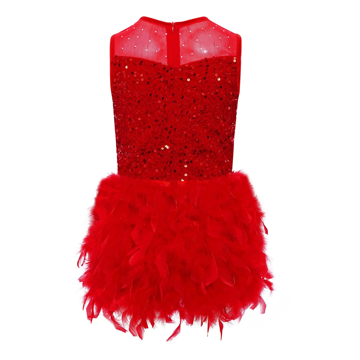 Kids Girls Ballet Leotard Dress Dance Performance Costume Long Sleeve Sheer Mesh Patchwork Sequins Feather Velvet Tulle Dress