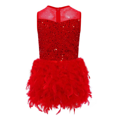 Kids Girls Ballet Leotard Dress Dance Performance Costume Long Sleeve Sheer Mesh Patchwork Sequins Feather Velvet Tulle Dress