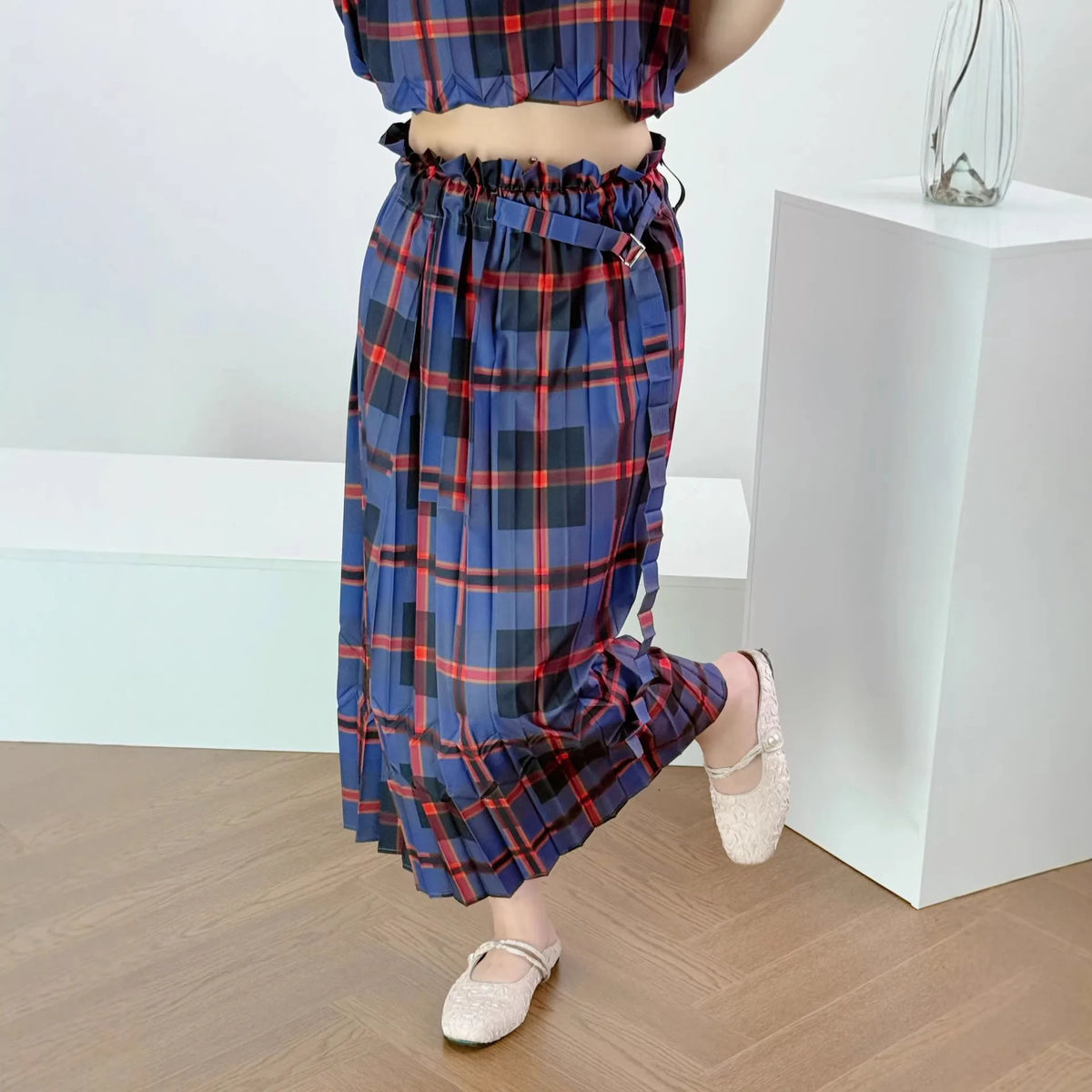 Vibrant Red-Blue Plaid Miyake Pleated Midi Skirt Ruffled Waistband Self-Tie Belt Women Casual Daily Office Weekend Brunch Skirt