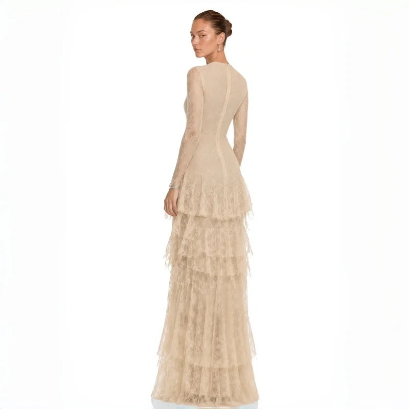 New French Retro Dress With V-Neck Bow Cinched Waist Flared Sleeves Lace Cake Dress Slim Fit Evening Gowns Custom Made