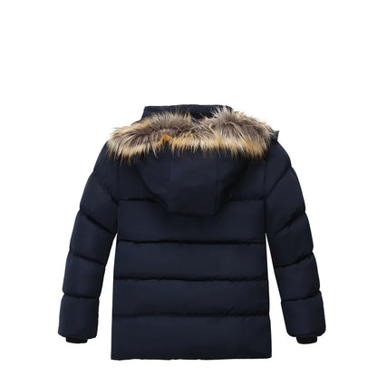 2-8 Years Winter Boys Jacket Thick Keep Warm Lining Plush Detachable Hat Hooded Fur Collar Coat For Kids Children Outerwear