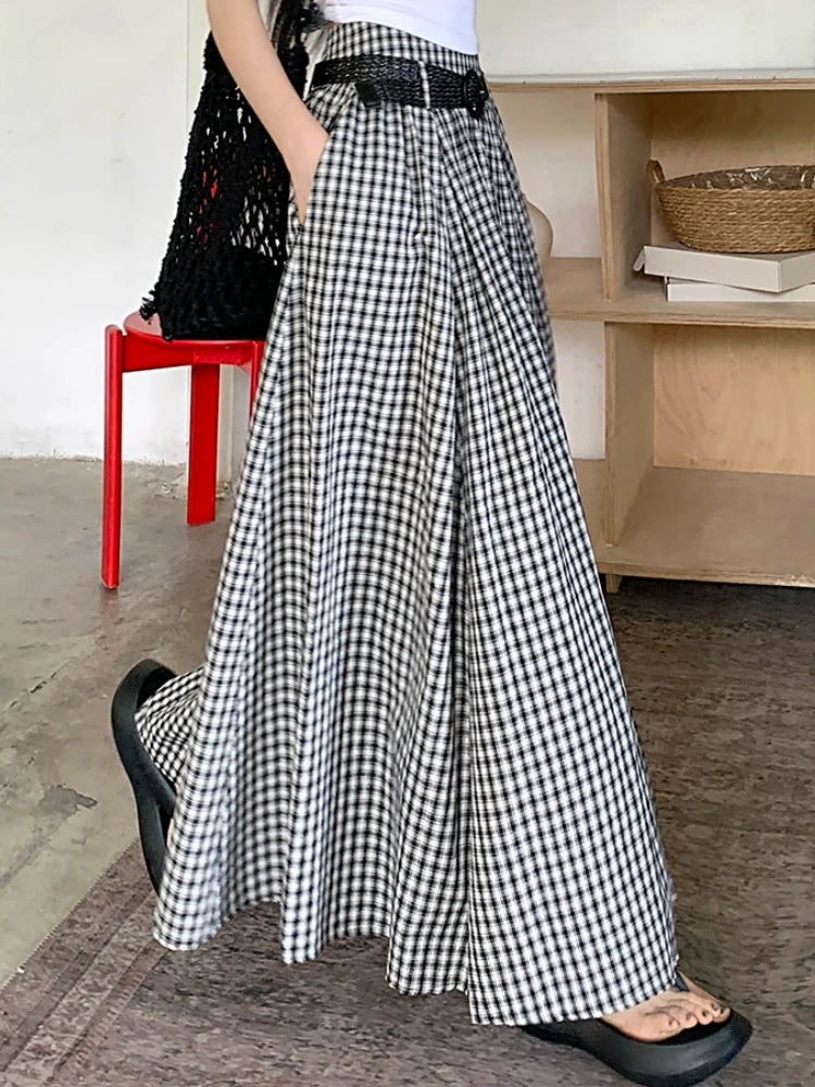 Midi Long Skirts Womens Maxi Skirt 2025 Spring Summer Black White Plaid Skirt Goth Vintage High Waist Ruffle Pleated Skirts rok