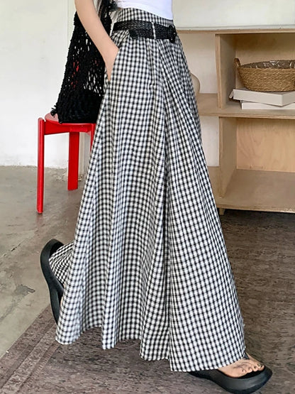Midi Long Skirts Womens Maxi Skirt 2025 Spring Summer Black White Plaid Skirt Goth Vintage High Waist Ruffle Pleated Skirts rok