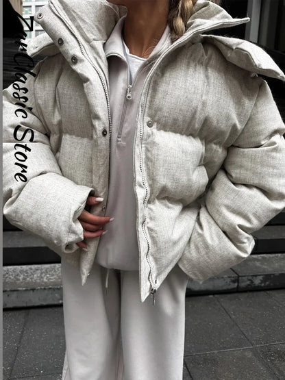 Fashion Women's Winter Jacket Casual Solid Hooded Full Sleeve Zip-up Loose Padded Coats New Street Chic Warm Outwear 2026