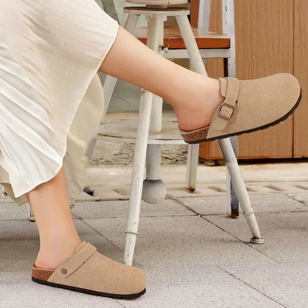Evshine Women Suede Cork Slippers with Adjustbale  Strap Comfy Arch Support Leather Mules Retro Men Potato Shoes Lady Cork Clogs