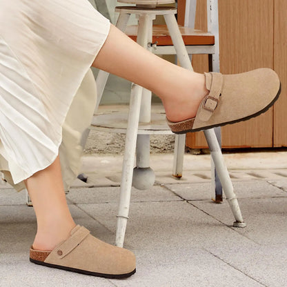 Evshine Women Suede Cork Slippers with Adjustbale  Strap Comfy Arch Support Leather Mules Retro Men Potato Shoes Lady Cork Clogs