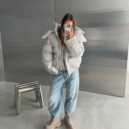 Casual Women's Puffy Hooded Cotton Coat Loose Long Sleeve Pockets Zipper Padded Coats 2026 Winter Lady Drawstring Warm Jackets