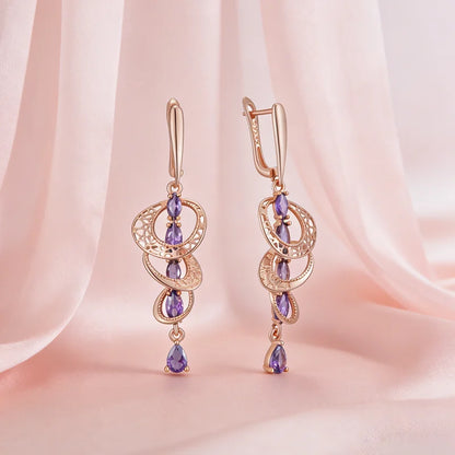 Kinel Hot Shiny Purple Natural Zircon Drop Earrings For Women Trend 585 Rose Gold Color Bride Wedding Fine Jewelry Crystal Gift