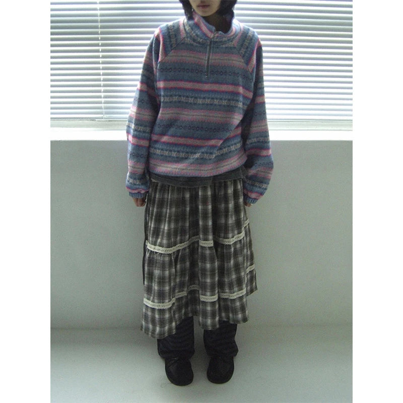 MEXZT Harajuku Plaid Midi Skirt Women Japanese Vintage Lace Patchwork Skirts Summer Streetwear Grunge Casual A Line Faldas New