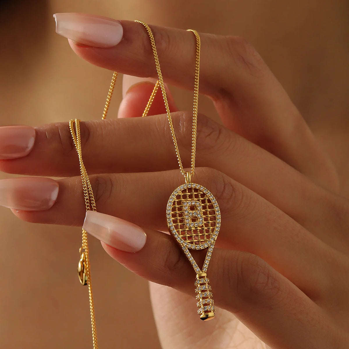 Qitian Custom Initial A‑Z Tennis Racket Necklace 18KGoldPlated Stainless Steel Zircon Pendant Fashion Sport Jewelry Gift Women