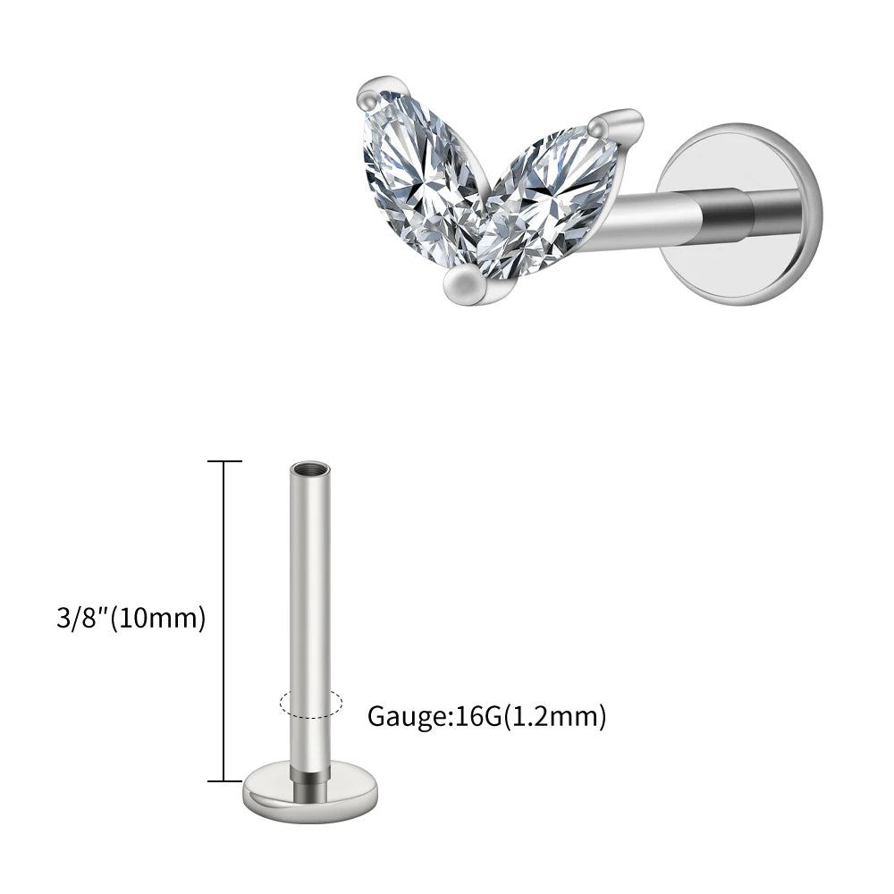 Right Grand ASTM F136 Titanium Tiny Double Marquise CZ Labret Stud Earring 16G Heart CZ Cartilage Helix Tragus Conch Piercing