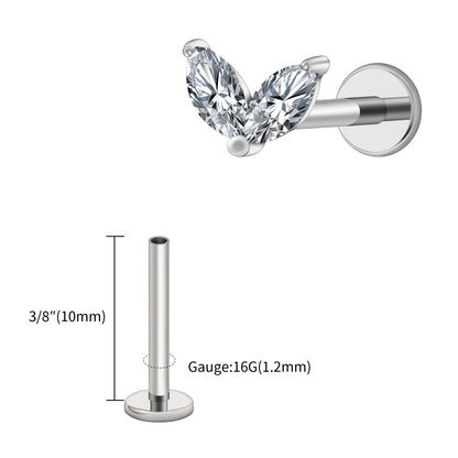 Right Grand ASTM F136 Titanium Tiny Double Marquise CZ Labret Stud Earring 16G Heart CZ Cartilage Helix Tragus Conch Piercing