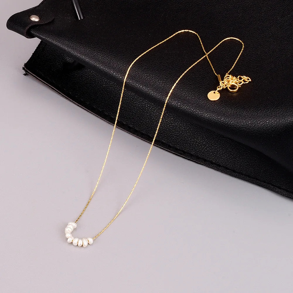 L25 Japanese-style small smile necklace with eight freshwater pearls, bamboo joint chain and stainless steel jewelry
