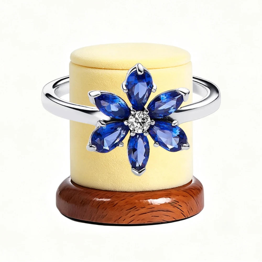 New 925 Silver Sparkling Double Heart Blue Pear Blossom Ice Pillar High Princess Crown Ring Fashion DIY Charm Jewelry