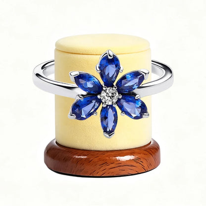 New 925 Silver Sparkling Double Heart Blue Pear Blossom Ice Pillar High Princess Crown Ring Fashion DIY Charm Jewelry