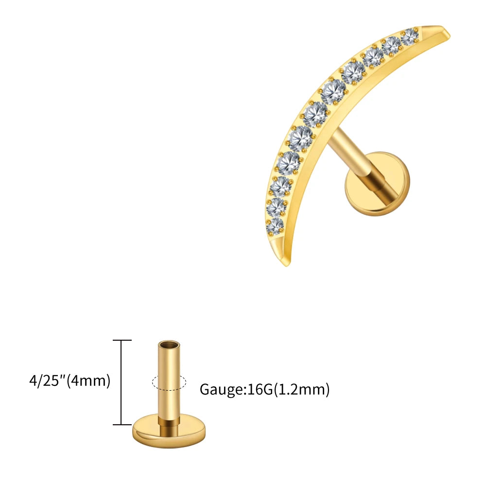 Right Grand ASTM F136 Titanium Long Crescent Moon Labret with CZ 16G Screw Back Climber Earring Helix Cartilage Tragus Piercing