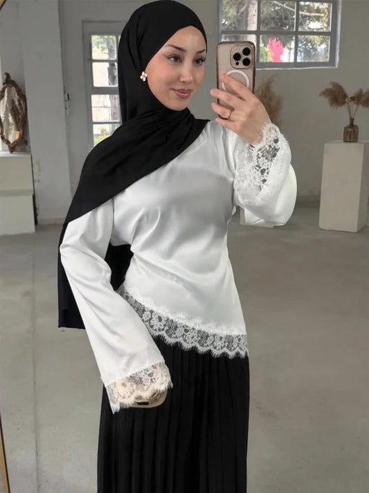 Women Elegant Satin Lace Patchwork Top O-neck Loose Long Sleeves Lace Up Shirt 2026 Female Spring Autumn Lady Chic T-shirt