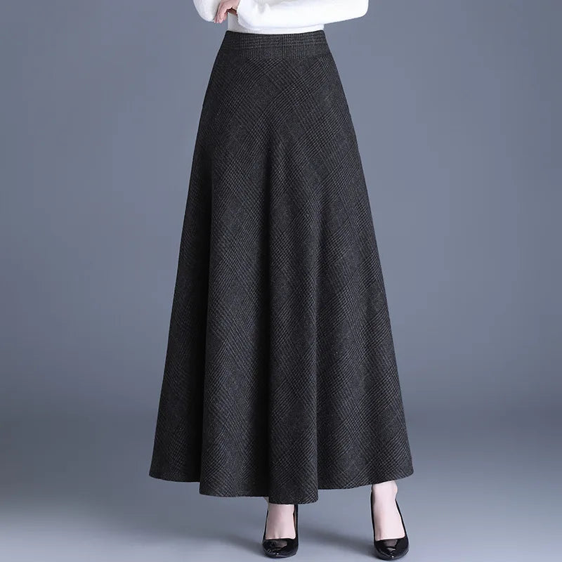 Fairyshely 2026 Autumn Winter Gray Plaid Woolen Skirt Women Casual High Waist Midi Skirt Ladies Elegant Warm Pleated Long Skirt