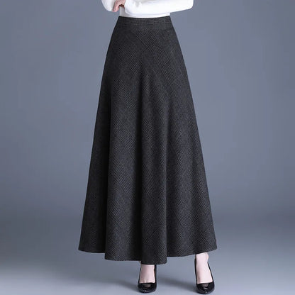 Fairyshely 2026 Autumn Winter Gray Plaid Woolen Skirt Women Casual High Waist Midi Skirt Ladies Elegant Warm Pleated Long Skirt