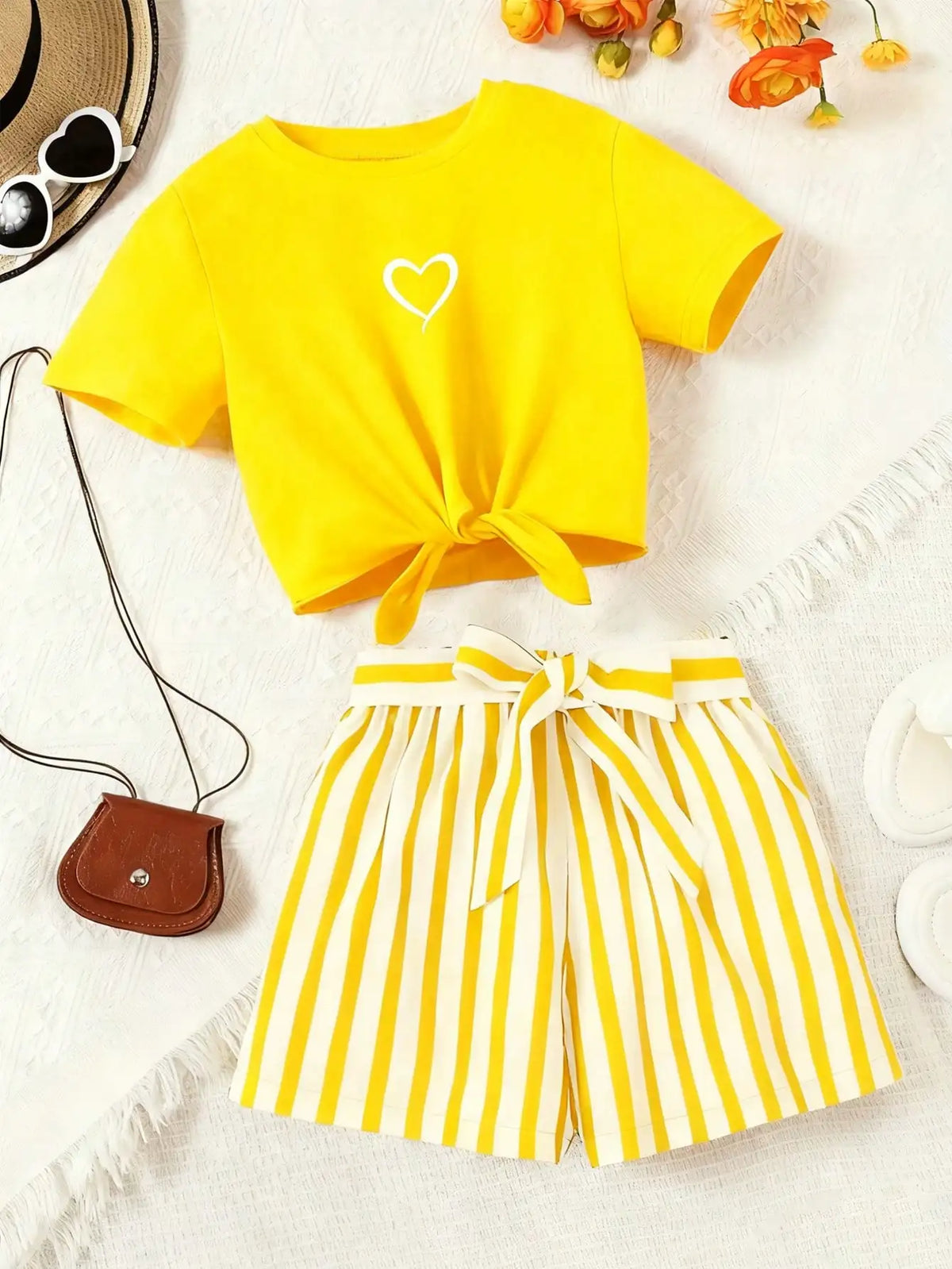 Women's Casual Daily Short-Sleeved Love Printed+Striped Printed Shorts 2-Piece Set with Random Belt Striped Children's Clothing