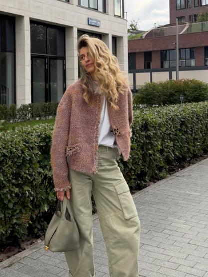 Elegant Tweed Short Coats Women's Loose Fringe Trim Full Sleeves Round Neck Jackets 2026 New Ladies Autumn Office Outwear
