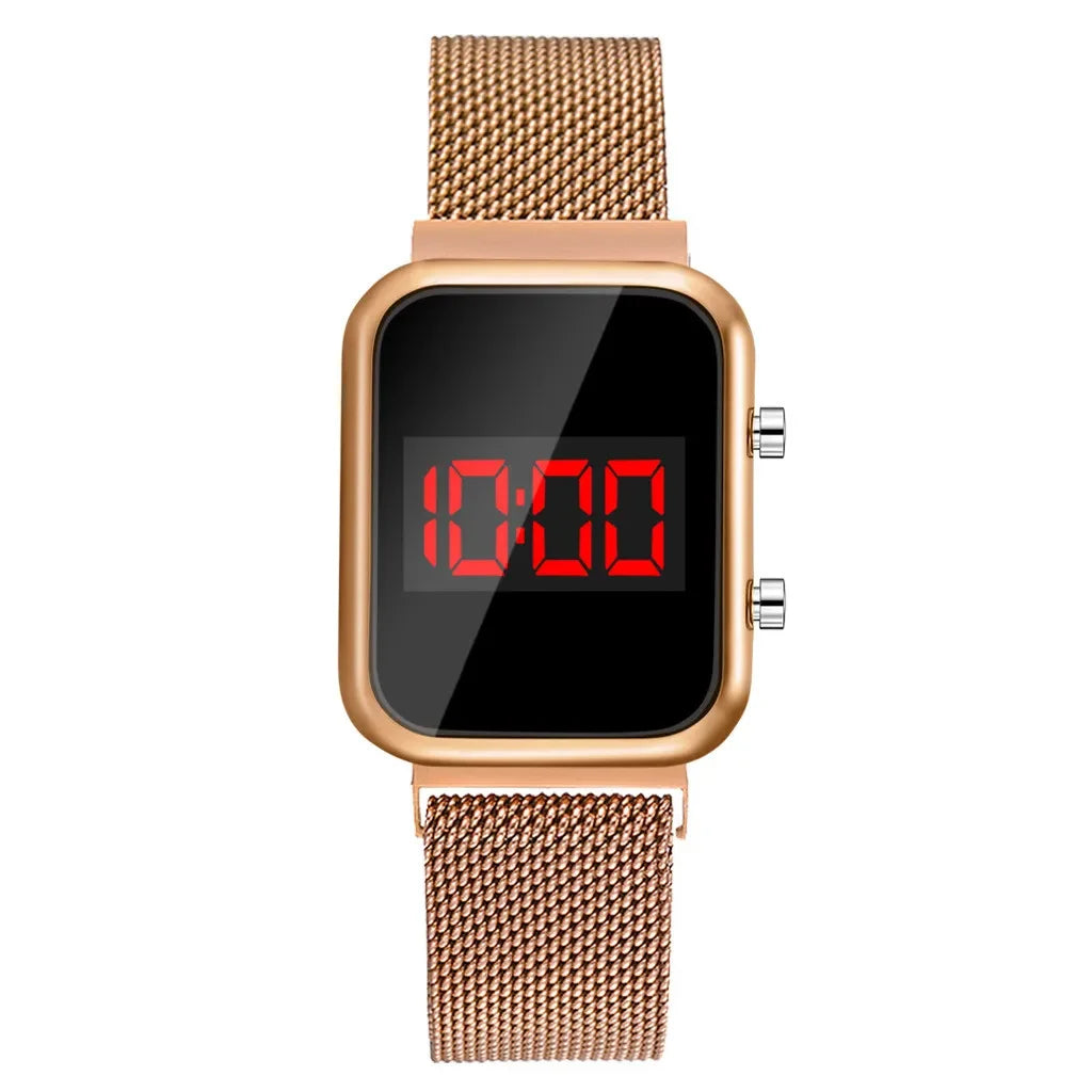 Fashion Rectangle Women LED Digital Watches Luxury Rose Gold Magnetic Mesh Band Electronic Wristwatches Ladies Clock Reloj Mujer