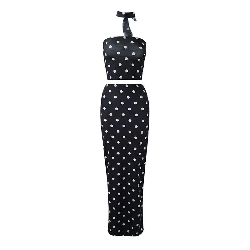 CNYISHE Dot Prints Strapless Scarf Hip Wrap Sheath Fashion Suits Elegant Women Sets Sexy Club Streetwear Trendy Female 2 Pieces