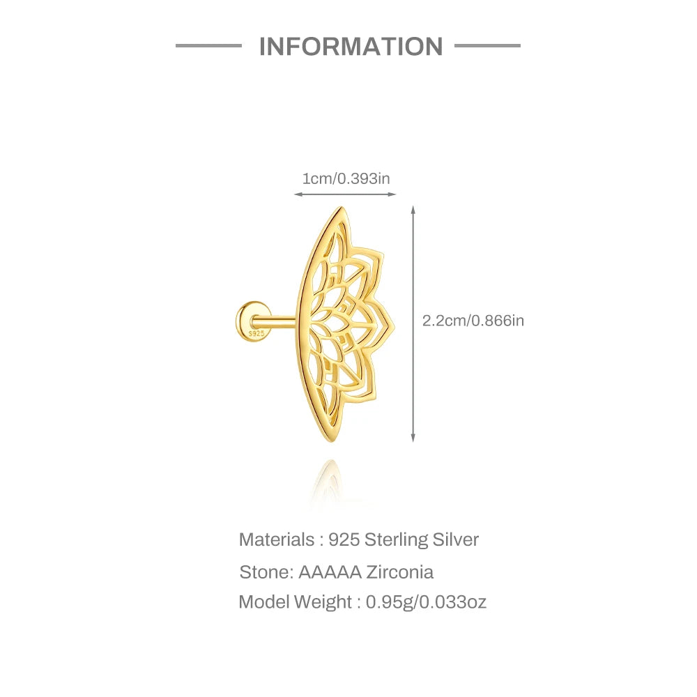 AIDE 925 Sterling Silver Shiny Hollow Lotus Flower Crown Flat Back Internal Thread Piercing Earring For Women INS Dainty Luxury