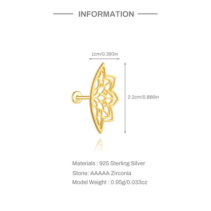 AIDE 925 Sterling Silver Shiny Hollow Lotus Flower Crown Flat Back Internal Thread Piercing Earring For Women INS Dainty Luxury