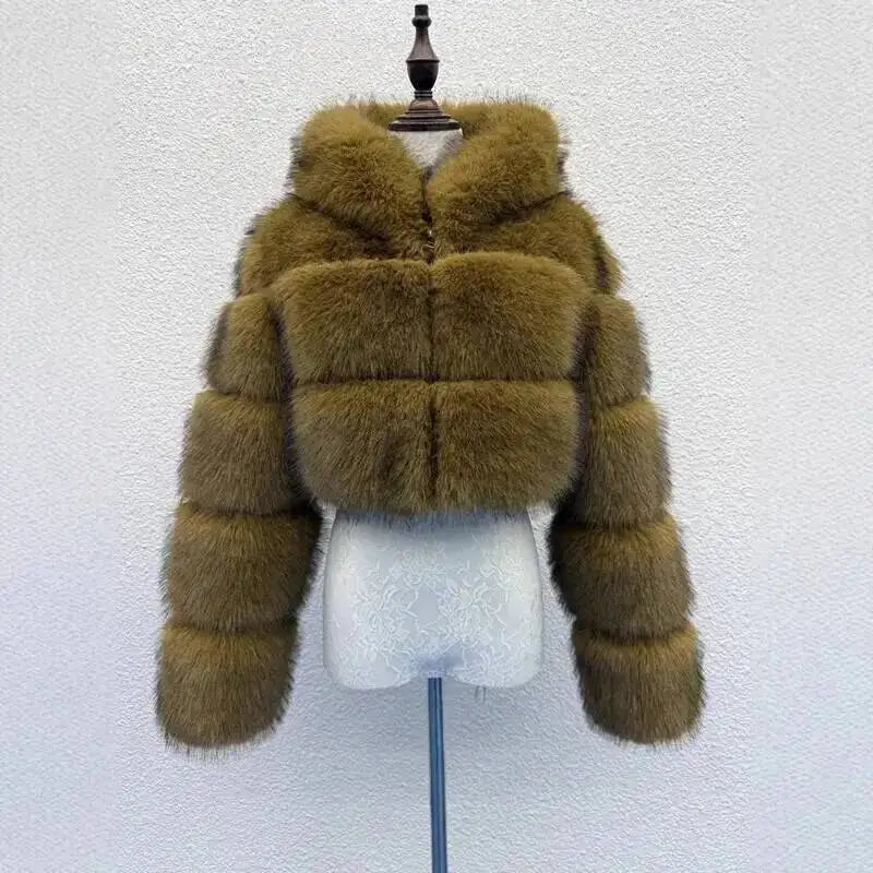 S-6XL Women Coat Autumn Winter Short Hooded Faux Fox Fur Coat Thick Warm Outerwear Fake Fur Woman Jackets Ladies Furry Coats