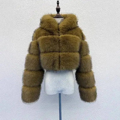 S-6XL Women Coat Autumn Winter Short Hooded Faux Fox Fur Coat Thick Warm Outerwear Fake Fur Woman Jackets Ladies Furry Coats