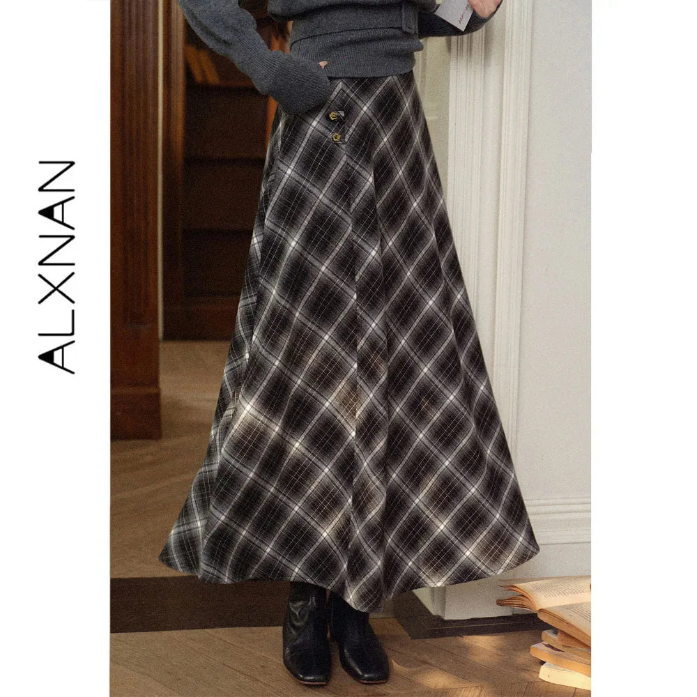 ALXNAN Black Grey Plaid Midi Skirt Autumn New Vintage Plaid High Waist Flared Women's Long Skirt Elegant Female Clothing L68321