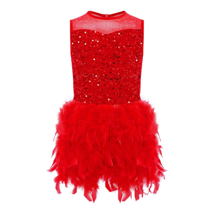 Kids Girls Ballet Leotard Dress Dance Performance Costume Long Sleeve Sheer Mesh Patchwork Sequins Feather Velvet Tulle Dress