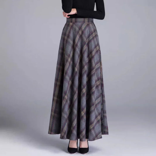 Fairyshely 2026 Atutumn Winter Gray Plaid Woolen Skirt Women Casual High Waist Midi Skirt Lady Elegant A Line Pleated Long Skirt