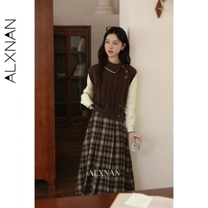ALXNAN Women's Mid-Length Skirt 2026 Plaid Color-block Design Flared High-waisted Silhouette Slim-fit Casual A-Line Skirt L57735
