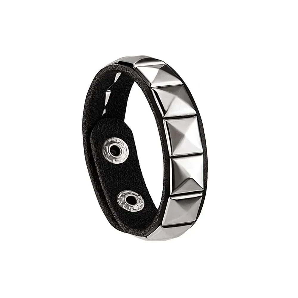 80s Black Round Square Gothic Spike Bracelet Punk Rock Bracelet Studded Faux Leather Bracelet for Men Women