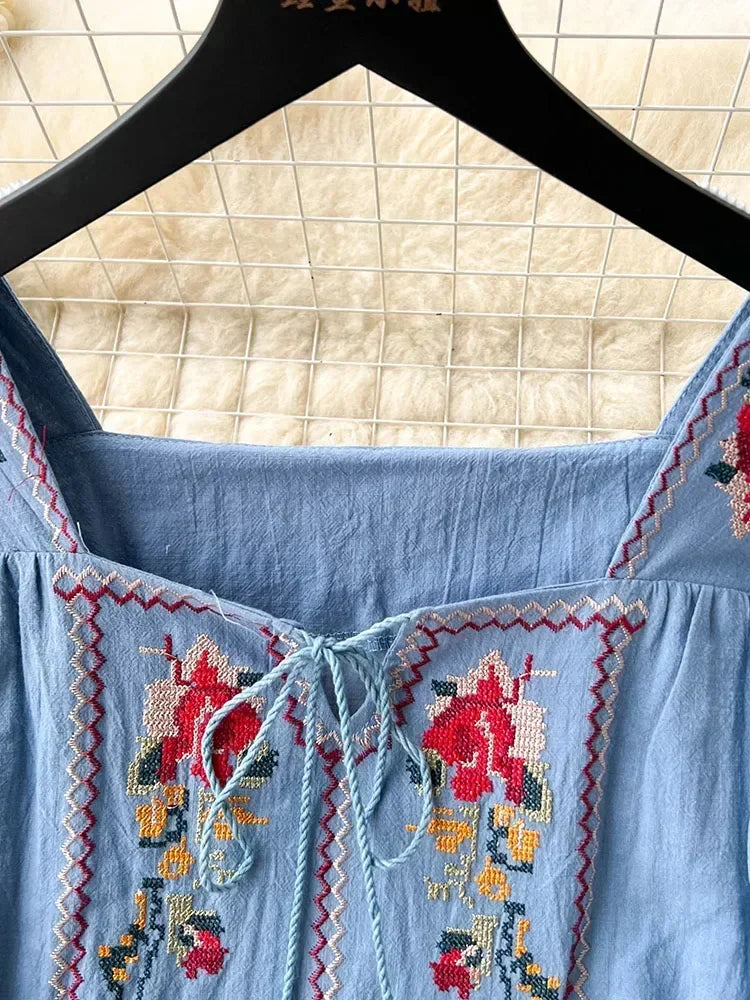 Women Summer Dress Retro Ethnic Style Square Neck Quarter Sleeve Embroidered Loose A-line Holiday Style First Love Dress D3980