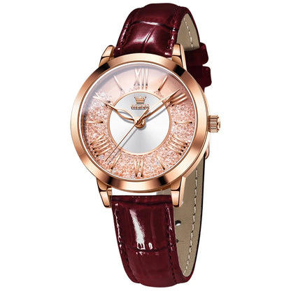 OLEVS Original Pink Leather Watch for Women Elegant Quartz Movement Waterproof Vintage Classic Watch Relojes para Mujer 5539