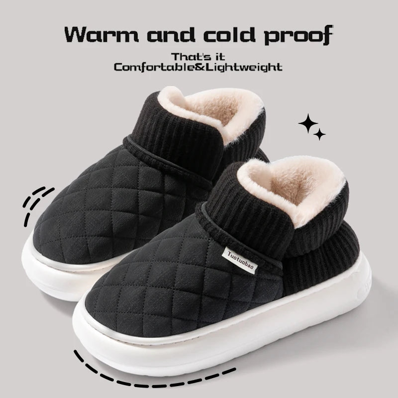Winter Warm Snow Boots Unisex Thick Platform 4.0CM Quilted Plush Lined Non-Slip Indoor Outdoor Casual Cotton Shoes
