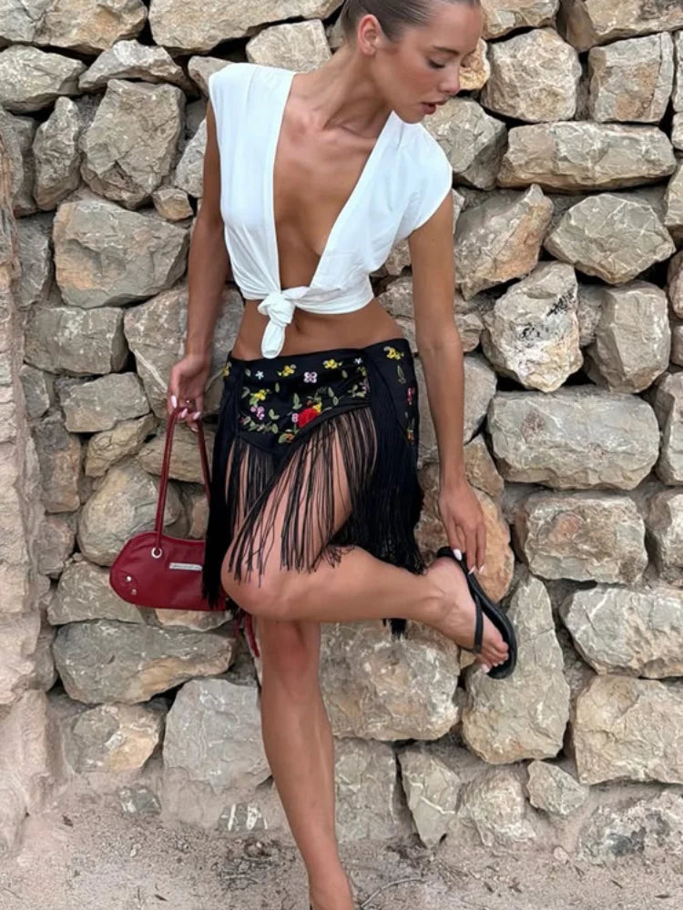 Women's Peach Fringe Bodycon Skirts Women Sexy V-shape Gold Fringe Slim Fit Midi Skirt 2026 Summer Beach Vacation Outfit New