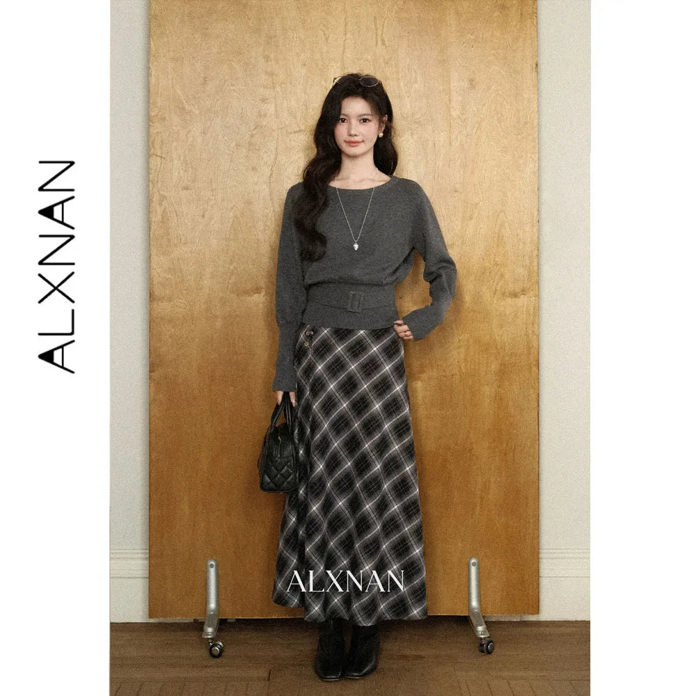 ALXNAN Black Grey Plaid Midi Skirt Autumn New Vintage Plaid High Waist Flared Women's Long Skirt Elegant Female Clothing L68321