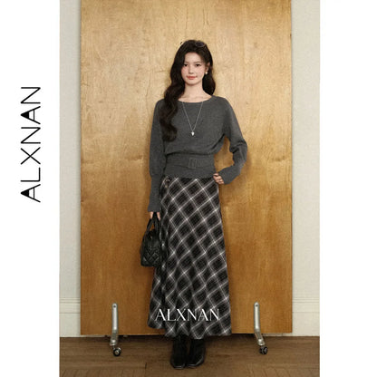 ALXNAN Black Grey Plaid Midi Skirt Autumn New Vintage Plaid High Waist Flared Women's Long Skirt Elegant Female Clothing L68321