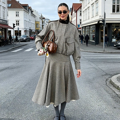 Women Spring Skirt Suit Elegant Women Single Breasted Plaid Pilot Jacket+Side Zipper Splicing Pleated Midi Dress Lady Suit