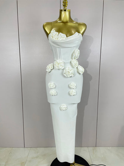 Sexy Fashion White Elegant Strapless Flower Bodycon Long Dress Women Casual Streetwear Club Birthday Party Slim Elegangt Dresses