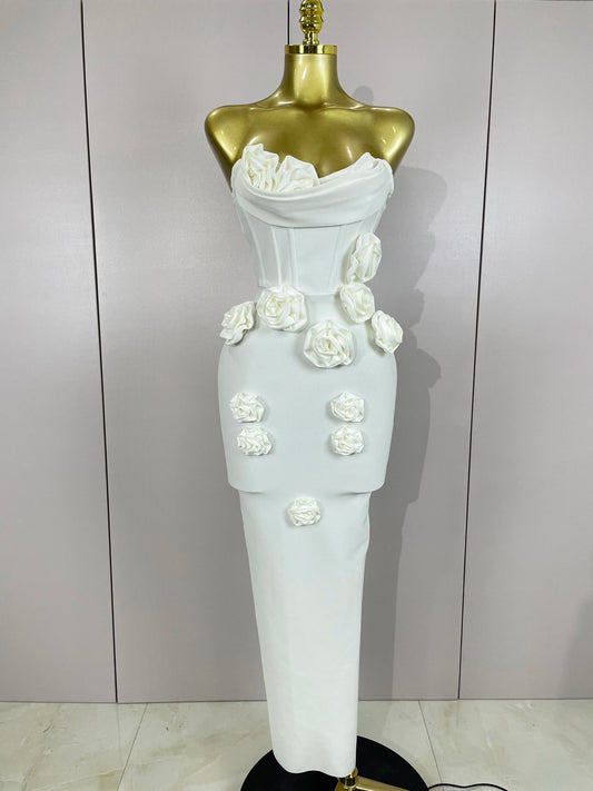 Sexy Fashion White Elegant Strapless Flower Bodycon Long Dress Women Casual Streetwear Club Birthday Party Slim Elegangt Dresses