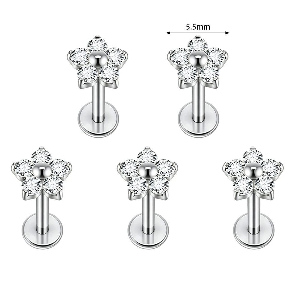 1/5PCS F136 Implant Titanium Earrings Stud,Trendy Flower Zirconia Cartilage Earrings,Tragus Conch Helix Piercing Jewelry
