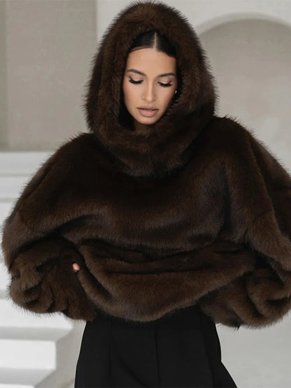Women's Brown Faux Fur Coat With Hood Oversized Luxurious Long Sleeve Pocket Jacket Lady 2025 Fall Winter Chic Street Outerwear