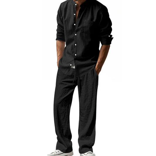 Tracksuit 2025 Seasons Linen Men's Casual Loose Breathable Long sleeved Pants Shirt Beach Set in Stock Male  Clothing Big Size