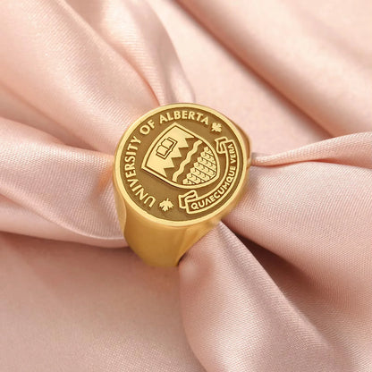 Personalized Etched Signet Ring 18K Gold Plated Custom Logo Family Crest University School Class Ring Engraved Graduation Gifts