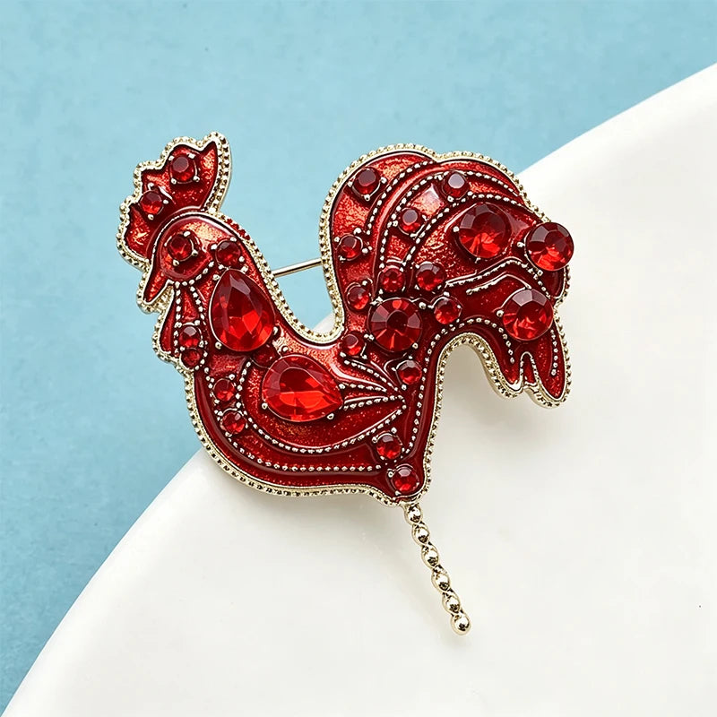 Wuli&baby Beautiful Crystal Cock Brooches For Women Unisex Red Handmade Chicken Animal Party Casual Brooch Pin Gifts